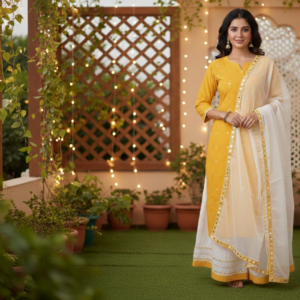 Yellow and White Anarkali Kurta with Matching Palazzo and Dupatta Set - Traditional Indian Ethnic Wear for Women - Piczo Fashion. Lucknow,Mohan lal ganj