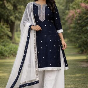Navy Blue Embroidered Straight Kurta with White Palazzo and Polka Dot Dupatta Set for Women - Piczo Ethnic Wear。
