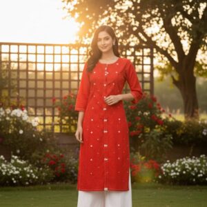 Red embroidery kurti with white palazzo set. Best online ethnic wear store in Masti-pur, Nigoha, Mohanlalganj, Lucknow. Providing fast delivery in Mohanlalganj and surrounding areas.