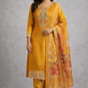 Best online ethnic store near me in Mohanlalganj. Premium mustard yellow silk kurta set with heavy zari embroidery and floral organza dupatta. High-quality ladies suit shop in Masti-pur, Nigoha, Lucknow. beststore near me,piczo.in