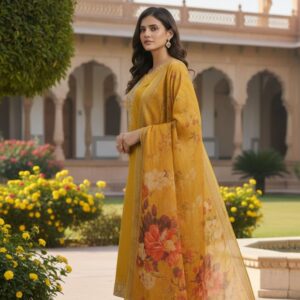 Yellow Floral Designer Suit - Best ladies suit shop near me in Mohanlalganj , Fast Delivery in Mastipur Lucknow by Piczo.in