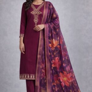 Wine Embroidery Kurta Set with Floral Dupatta - Best ladies suit shop near me in Mohanlalganj Lucknow