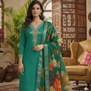 Deep Sea Green Embroidered Kurta Set with Floral Print Dupatta for Women
